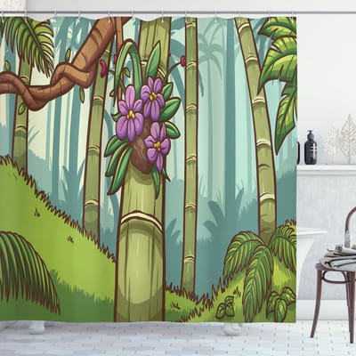 ABAKUHAUS Orchideeën Douchegordijn – 175x200 cm – Groen Bruin Lila – Stof