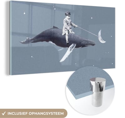 MuchoWow® Glasschilderij 40x20 cm - Schilderij acrylglas - Ruimte - Jongen - Maan - Walvis - Foto op glas - Schilderijen