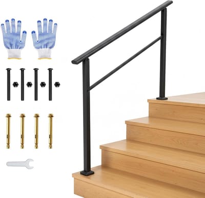 Verstelbare Trapleuning voor Buiten & Binnen - Aluminium Leuning met IJzeren Frame - Geschikt voor 4 Treden - Mat Zwart - Inclusief Montageset & Werkhandschoenen - 123 x 95 cm