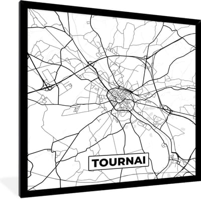 Fotolijst incl. Poster Zwart Wit- België – Tournai – Stadskaart – Kaart – Zwart Wit – Plattegrond - 40x40 cm - Posterlijst