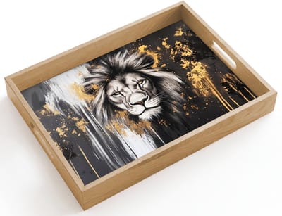 Dienblad hout 40x30 cm - Schootdienblad - Leeuw - Portret - Verfspatten - Grijs - Borrelplank rechthoek - Plateau dienbladen