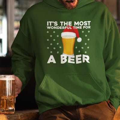 Foute Kerst Hoodie Groen It's The Most Wonderful Time For A Beer XS - Uniseks Pasvorm - Kerstkleding Voor Dames & Heren