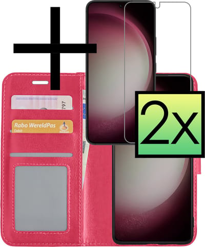 Hoesje - Met 2x Screenprotector - Geschikt voor Samsung Galaxy S23 - Luxe Pasjeshouder - Bookcase Portemonee - Flip Case - Kunstleer Book Case - Flipcase Hoes - Book Cover - Walletcase - Portemonneehoes - Donkerroze