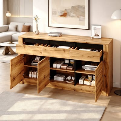 REDOM - Sideboard - Wellenhoutlook - 3 lades en 3 kastvakken met verstelbare planken - Moderne stijl - Woonkamer - Spaanplaat - Naturel - 135 x 35 x 70 cm