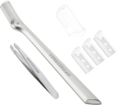 SnelShoppen - Wenkbrauwscheermes Set met Mini Pincet - Brow Razor & Mini Slant Tweezer - Zilver - Voor Perfecte Wenkbrauwen en Fijne Pluisjes - Ideaal