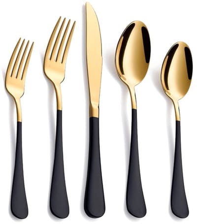 20-delige bestekset in goud, zwart en zilver, voor 4 personen, roestvrijstalen bestekset, inclusief mes, vork, lepel, saladevork en theelepel, vaatwasmachinebestendig - zwart