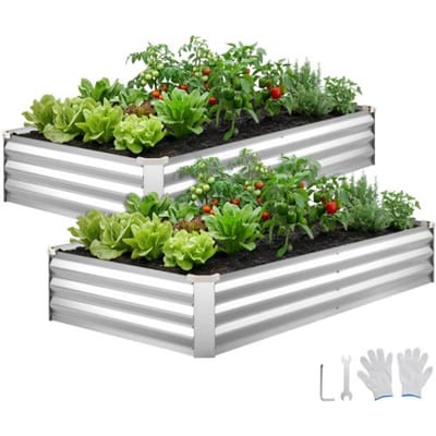VEVOR 2-Pack Verzinkte Verhoge Tuinbedden, 180 x 90 x 30 cm, Rechthoekige Metalen Planterset voor Buitengebruik, Handdoekloze Verhoogde Plantencel met Handschoenen, Alu-Zinc, voor Bloemen en Groenten, Zilver