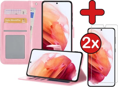 Hoesje - Met 2x Screenprotector - Geschikt voor Samsung Galaxy S21 - Luxe Pasjeshouder - Flip Case - Bookcase Portemonee - Kunstleer Book Case - Flipcase Hoes - Book Cover - Walletcase - Portemonneehoes - Telefoonhoes - Lichtroze