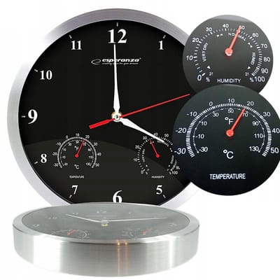 Esperanza Washington | Grote Wandklok ø30cm |inclusief temperatuur- en luchtvochtigheidsmeter | Zwart