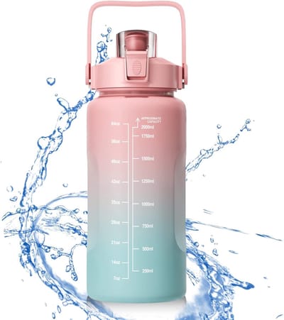 Drinkfles, 2 liter, waterfles met schaal, BPA-vrije waterfles, lekvrij, sportdrinkfles met rietje en tijdmarkering, grote capaciteit, voor hardlopen, yoga, gym, sport (roze)