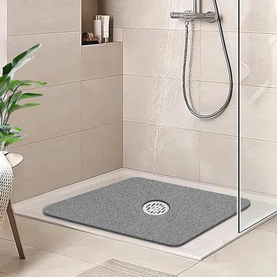 Famanu - Vierkante Loofah douchemat, 60 x 60 cm badmat antislip voor badkamer, zachte PVC wasbare badmat met afvoer, sneldrogende douchemat voor binnendouche, grijs