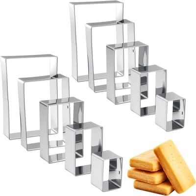 Set van 10 vierkante en rechthoekige koekjesuitsteekvormen van roestvrij staal voor het maken van koekjes en taarten