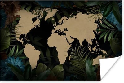 Poster Wereldkaart - Tropische Planten - Bladeren - 30x20 cm