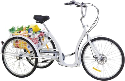 Driewieler voor volwassenen - Driewiel fiets - Stadsvervoer en boodschappen - Stevige constructie en mand - 26 inch wielen - Wit