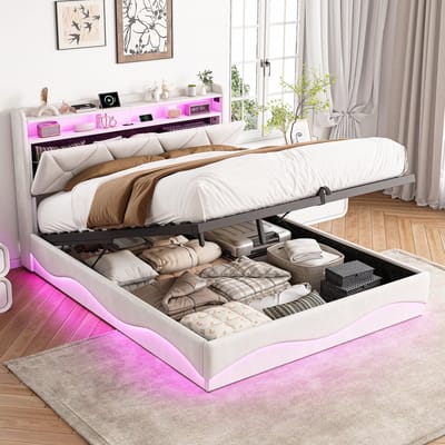 Tweepersoonsbed 140x200cm – met LED-, USB- en Type-C-aansluiting – hydraulisch verstelbaar – hoofdbord met open en verborgen opbergruimte – beige - exclusief matras