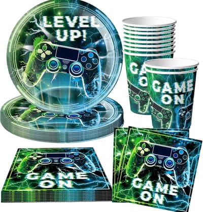 Gaming Verjaardagsdecoratie Set voor Tafel, Groene Verjaardagsborden, Servetten en Bekers voor 10 Personen, Ideaal voor Videogame Feestjes en Gamer Thema's