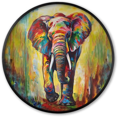 Poster in lijst Rond - Fotolijst 60x60 cm - Posters - Olifant - Kunst - Schilderij - Dieren - Regenboog - Ronde posterlijst zwart - Decoratie - Wanddecoratie woonkamer - Muurdecoratie slaapkamer