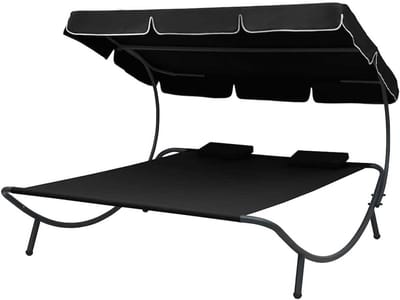 Dubbel Zonnebad - Ligbed met Luifel - Buiten Ontspannen - Inclusief Kussens - 200 x 180 x 135 cm - Zwart