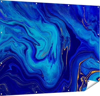 Gards Tuinposter Abstracte Kunst - Blauw met Gouden Verf - 150x120 cm - Tuindoek - Tuindecoratie - Wanddecoratie buiten - Tuinschilderij