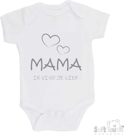 100% katoenen Romper "Mama, ik vind je lief" Moederdag Unisex Katoen Wit/grijs Maat 56/62