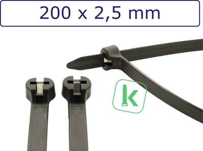 PRO-TIE® - PRO-TIE® Premium Tyraps, kabelbinders met stalen RVS 316 sluiting 200 x 2,5 mm Zwart UV bestendig (Zak 100 stuks) (tiewrap/tyrap/tie-wrap/bundelbandje/colsonbandje/)