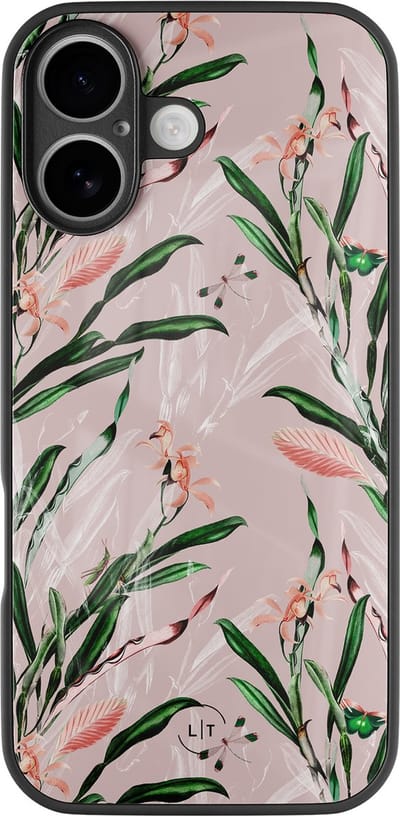 Hoesje geschikt voor iPhone 17 - Pink botanical - Luxe Glazen Hardcase - Planten - Multi - Leuke Telefoonhoesjes
