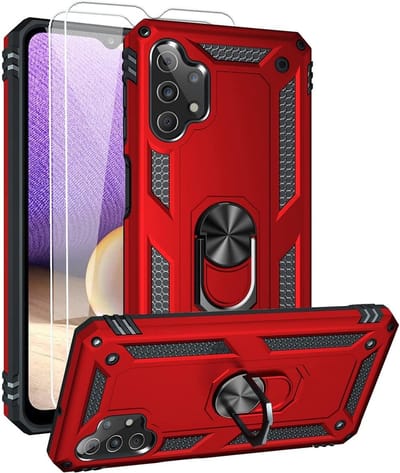 Hoesje Geschikt Voor Samsung Galaxy A32 Hoesje kickstand Armor case Rood - Galaxy A32 4G Ring houder TPU backcover hoesje - met Galaxy A32 4G screenprotector 2 pack