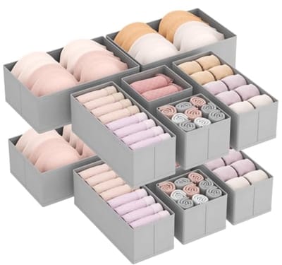 Set van 12 opvouwbare lade-organizers, stoffen opbergdozen voor kleding, sokken, ondergoed, stropdassen en riemen, grijs