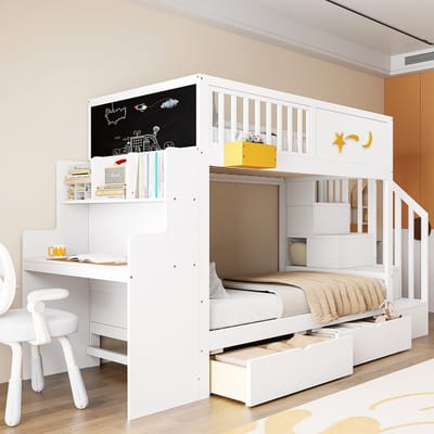 Stapelbed 90 x 200 cm - met opberglades en bureau - kinderbed met sterrenpatroon - wit - zonder matras