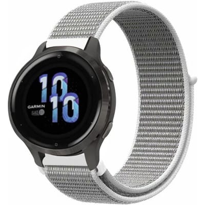 Strap-it Nylon Bandje – Zeeschelp/Grijs – Ademend & lichtgewicht stoffen smartwatch bandje met klittenbandsluiting – geschikt voor Garmin Vivoactive 4s / Vivomove 3s / Venu 2s / Venu 3s / Venu 4s