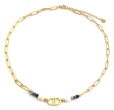 Ketting - Parels en Kralen - RVS - Lengte 39-44 cm - Goudkleurig en Grijs