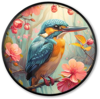Poster in lijst Rond - Fotolijst 60x60 cm - Posters - IJsvogel - Bloesem - Natuur - Vogels - Bloemen - Ronde posterlijst zwart - Decoratie - Wanddecoratie woonkamer - Muurdecoratie slaapkamer
