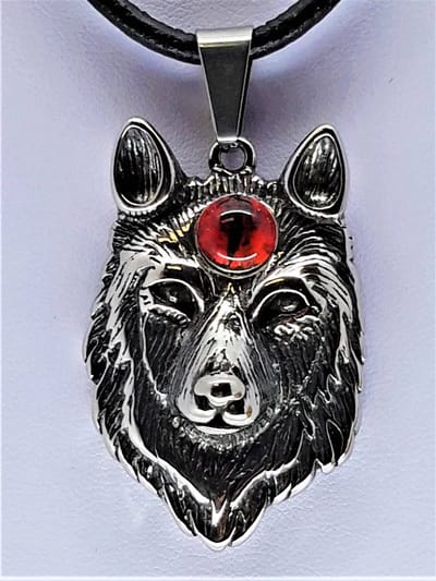 Super stoer - RVS - 3d wolf kop - hanger met -  rode 3e oog in midden en - gratis zwart - leer ketting.