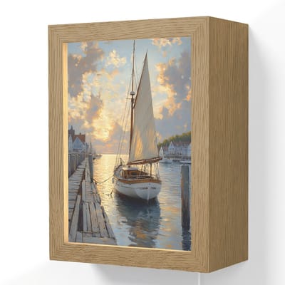 Wandlamp 15x20 cm - Oplaadbaar - Zeilboot - Zon - Pier - Hout - Wandlampen binnen woonkamer - Slaapkamer lamp met kabel - Decoratieve nachtlamp - Vloerlamp snoer