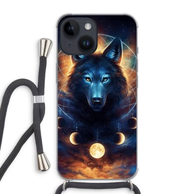 Case Company® - Hoesje met koord geschikt voor iPhone 14 hoesje met Koord - Wolf Dreamcatcher - Telefoonhoesje met Zwart Koord - Bescherming aan alle Kanten en Over de Schermrand