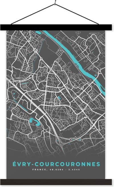 Posterhanger incl. Poster 40x60 cm - Schoolplaat - Évry-Courcouronnes - Frankrijk - Stadskaart - Kaart - Plattegrond - Textielposter - Zwarte latten - Stadskaart