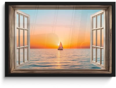Poster in lijst - Fotolijst 60x40 cm - Posters - Doorkijk - Zee - Boot - Zonsondergang - Posterlijst zwart - Decoratie - Wanddecoratie woonkamer - Muurdecoratie slaapkamer
