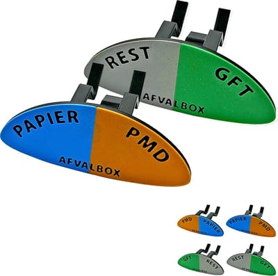 Vuilniszak Clips Afvalscheiding (4 Stuks) – Vuilnisbak Clips – 2-in-1 Prullenbak Verdeler Rest/GFT + Papier/PMD – Vuilniszak Klemmen met Kleurcodering – Complete Afvalscheiding – Prullenbak Clips – 3D Geprint
