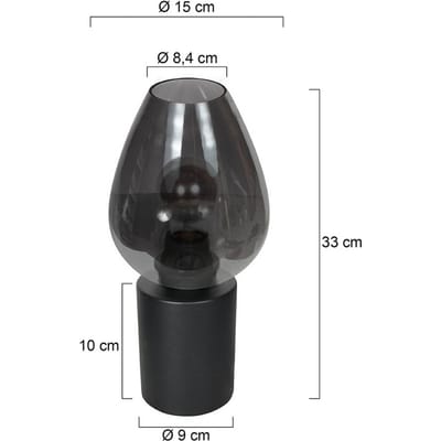 Tafellamp Drovia 4378ZW - Trendy met smoke glas, zwarte metalen voet - Mexlite - Ideaal voor binnengebruik, hoogte 20 cm, diameter 15 cm