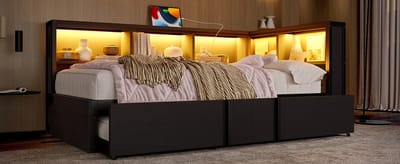 Metalen Dagbed 90x200 - Multifunctioneel Dagbed met Uitschuifbaar Bed, Opbergkasten, LED-Verlichting en USB-Poorten - Zwart - Ruimtebesparend Design met Laadstation