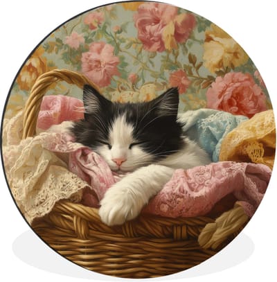 WallCircle - Wandcirkel - Muurcirkel - Kat - Bloemenprint - Rieten mand - Aluminium - Dibond - 30x30 cm - Binnen en Buiten