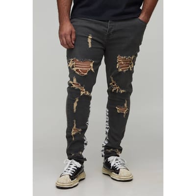Plus Stacked Skinny Distressed Embroidered Gusset Jeans | Mid Grey | Size 54