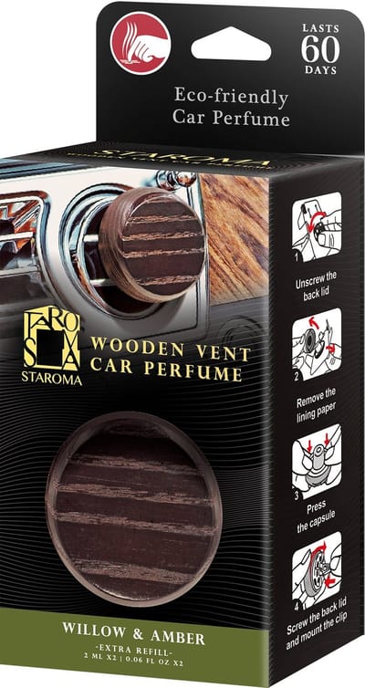 GoodGo Luchtverfrisser STAROMA WOOD Willow & Amber - Inclusief 1 extra refill voor meer dan 60 dagen een heerlijke geur- Voor in luchtrooster van auto