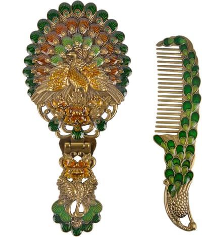 Daity Een vintage handspiegel in de vorm van een pauw met kam - een decoratieve metalen tafelstandaard - een opvouwbaar handvat voor op reis - en een perfect cadeau voor vrouwen (brons).