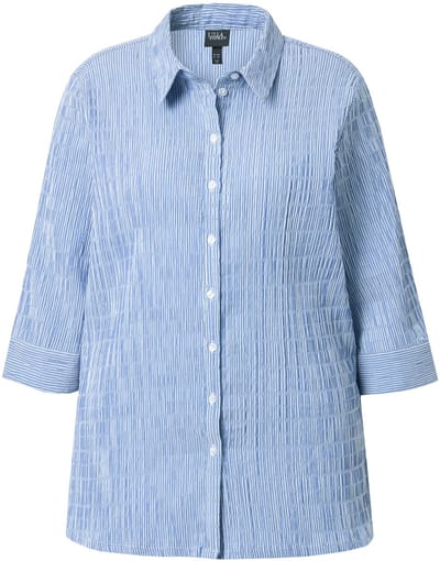 Ulla Popken - Dames - Overhemdblouse strepen bubble-structuur 3/4-mouwen - Kobaltblauw - Maat 62+