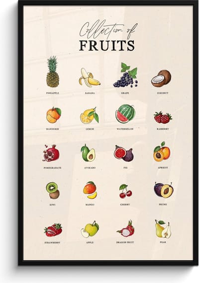 Fotolijst inclusief poster - Posterlijst 80x120 cm - Posters - Fruit soorten - Kleurrijk - Eten - Vintage - Foto in lijst - Keuken decoratie muur - Wanddecoratie accessoires - Muurdecoratie - Schilderijen