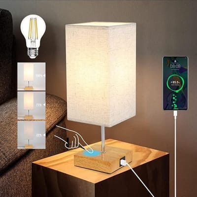NETTLIFE E27 Tafellamp - hout - rechthoekig - 3000K Warm wit Licht - Touch Dimbaar - nachtlamp met USB laadfunctie - stoffen lampenkap - voor Nachtkastje | Eetkamer | Woonkamer | Slaapkamer - excl. lichtbron