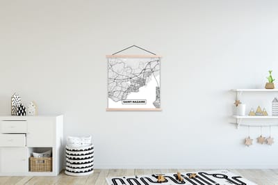 Posterhanger incl. Poster 90x90 cm - Schoolplaat - Saint-Nazaire - Plattegrond - Frankrijk - Kaart - Stadskaart - Textielposter - Blanke latten - Stadskaart