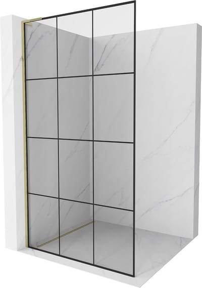 Mexen Kioto L douchescherm Walk-in 100 x 200 , zwart raster, goud - 800-100-103-50-77