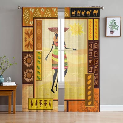 Afrikaanse Vrouw Meisje Etnische Cultuur Transparante Gordijnen voor Woonkamer Decoratie Raamgordijnen Keuken Tule Voile Organza Gordijnen W135 x H115cm x1 orange
